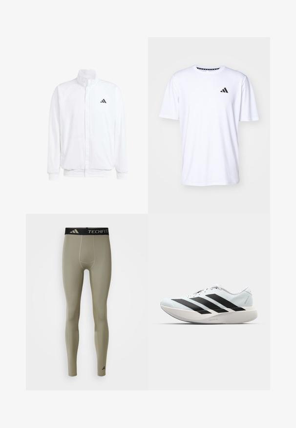 White lightweight jacket featuring a stand collar, front zipper closure, side pockets, and a black Adidas logo on the left chest. Soft texture.; White short-sleeve t-shirt made of fabric with a smooth texture. Features a black adidas logo on the left chest and a patterned collar.; adidas Performance TF BASE - Leggings - silver pebble; Lightweight running shoes in pale blue with black stripes. Features a smooth upper, round toe, and thick white midsole labeled "LIGHTSTRIKE PRO."