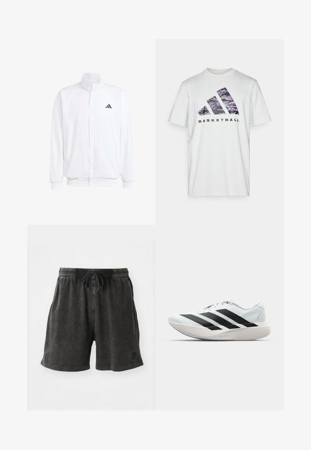 Valge kerge jakk, millel on seisev krae, ees lukuga kinnitus, küljetaskud ja must Adidas logo vasakul rinnal. Pehme tekstuur.; Valge puuvillane T-särk lühikeste varrukatega, millel on lilla ja must graafiline trükk, kus on kujutatud kolme triipu ja sõna "KORVPALL".; Süsi hallist puuvillasegusest kangast lühikesed püksid, millel on elastne vöökoht koos paelaga ja väike logo alumises servas.; Kerged jooksujalatsid helesinises värvuses mustade triipudega. Omavad siledat pealispinda, ümarat varvase osa ja paksu valget vahemõõtu, millel on silt "LIGHTSTRIKE PRO".