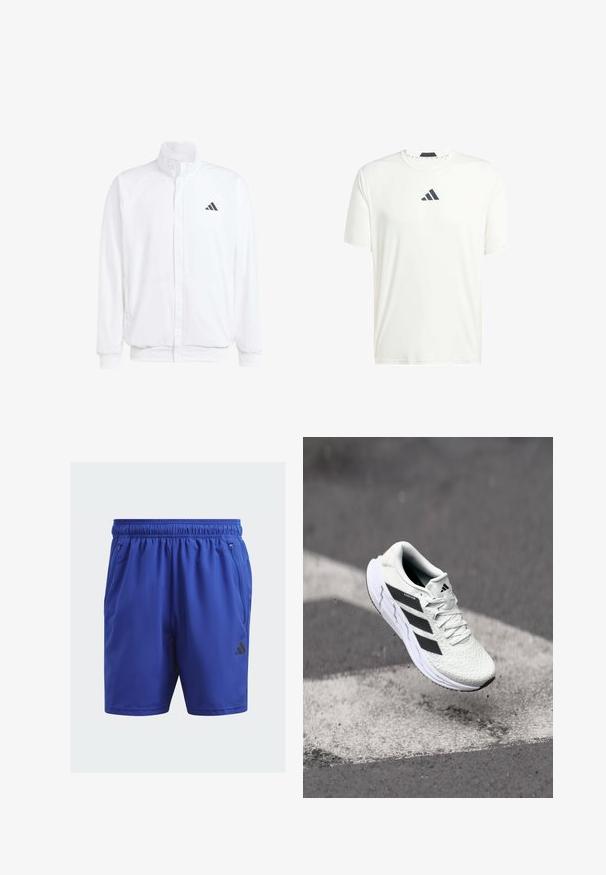 Valge kerge jakk, millel on seisev krae, ees lukuga kinnitus, küljetaskud ja must Adidas logo vasakul rinnal. Pehme tekstuur.; Valge lühikeste varrukate ja kergest kangast T-särk, ümmarguse kaelusega ja tumedashall logo rinnal. Sujuv tekstuur, mitteametlik lõige.; adidas Performance TR-ES WV SHO - Spordišortsid - blue; Valge spordijalats tekstuurse võrgu pealmise osaga, mustade triipudega, nööriga kinnitamine ja pehmendatud tallaga, levib märgitud teepinna kohal.