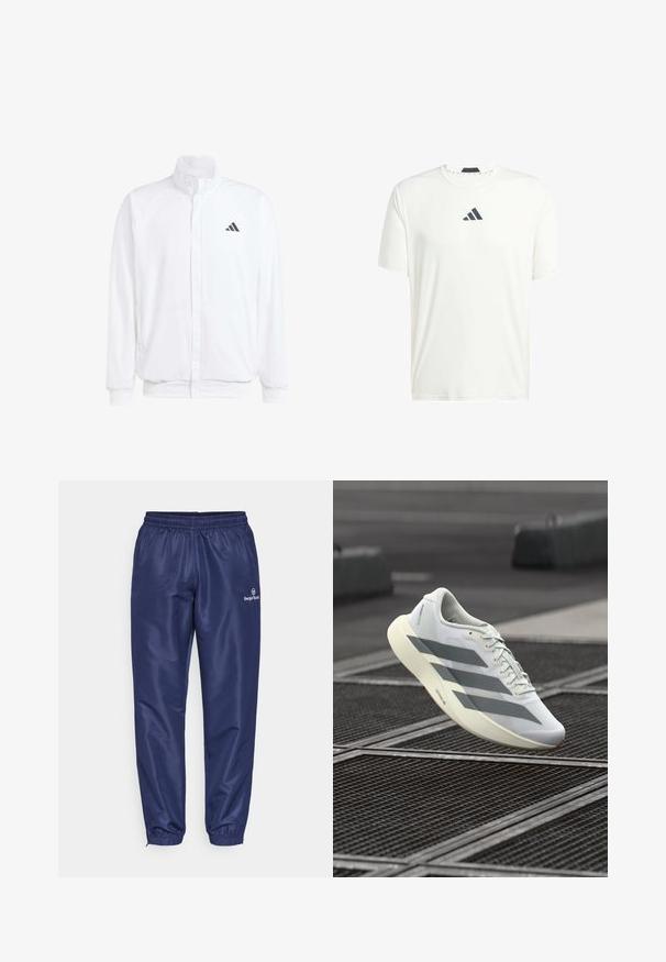 Balta lengva striukė su stovinčiu apykaklės, priekyje užtrauktuku, šoninėmis kišenėmis ir juodu Adidas logotipu kairėje krūtinės pusėje. Minkšta tekstūra.; Baltas trumpas rankovėmis marškinėliai, pagaminti iš lengvos medžiagos, su apvalia iškirpte ir tamsiai pilku logotipu ant krūtinės. Lygus paviršius, laisvalaikio stiliaus pritaikymas.; Jūriniai sportiniai džinsai su elastinga juosmens ir elastinėmis apykaklėmis. Pagaminti iš lygaus, lengvo audinio. Šone yra mažas logotipas.; Balti sportbačiai su tekstūruotu tinklelio viršumi, pilkais dryžiais ir minkštu padu. Lengvo dizaino, tinkami bėgimui.