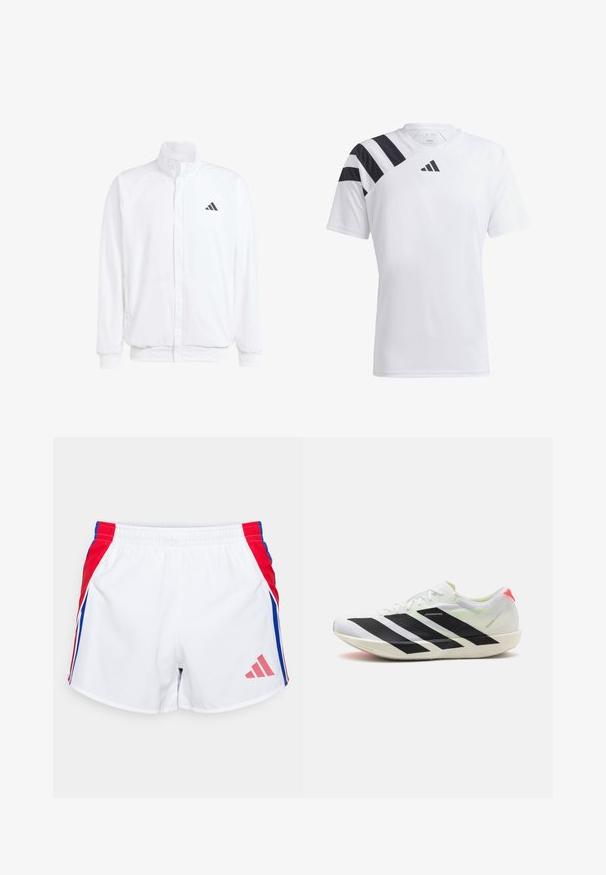 Casaco leve branco com colarinho alto, fecho frontal com zipper, bolsos laterais e um logótipo preto da Adidas no peito esquerdo. Textura suave.; Camiseta atlética leve e branca com riscas pretas no ombro esquerdo e um logótipo preto no peito. Mangas curtas, design de gola redonda.; Calções atléticos brancos com painéis laterais em vermelho e azul, cintura elástica e logótipo rosa da Adidas na parte inferior da frente. Textura de tecido suave.; Sapatilha atlética branca com riscas diagonais pretas, material de malha leve, detalhes em verde e aba do calcanhar vermelha; apresenta um design elegante e alongado.