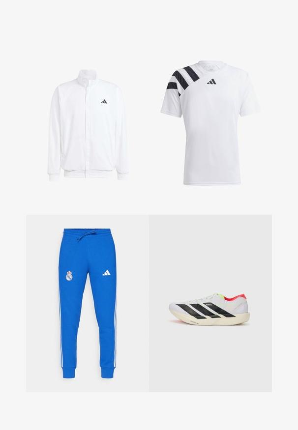 Balta lengva striukė su stovinčiu apykaklės, priekyje užtrauktuku, šoninėmis kišenėmis ir juodu Adidas logotipu kairėje krūtinės pusėje. Minkšta tekstūra.; Baltas lengvas sportinis marškinėliai su juodomis juostelėmis kairėje peties dalyje ir juodu logotipu krūtinėje. Trumpomis rankovėmis, apvalia kaklo iškirpte.; Mėlynos sportinės kelnės, pagamintos iš medvilnės mišinio, su baltomis šoninėmis juostomis, elastingu liemeniu ir raišteliu. Kairėje šlaunyje yra Real Madrid logotipas.; Baltos bėgimo bateliai su juodomis juostelėmis, neoninių žalių akcentų ir raudonu kulnu. Jie pasižymi lengvu dizainu ir tekstūruotu padu, kuris suteikia sukibimą.