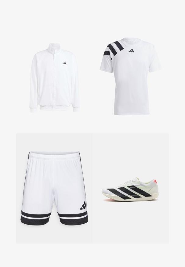 Balta lengva striukė su stovinčiu apykaklės, priekyje užtrauktuku, šoninėmis kišenėmis ir juodu Adidas logotipu kairėje krūtinės pusėje. Minkšta tekstūra.; Baltas lengvas sportinis marškinėliai su juodomis juostelėmis kairėje peties dalyje ir juodu logotipu krūtinėje. Trumpomis rankovėmis, apvalia kaklo iškirpte.; Baldinės sportinės šortai su juodomis horizontaliomis juostelėmis apatinėje dalyje ir juodu "Adidas" logotipu. Elastingas juosmuo, kuris leidžia reguliuoti išmatavimus.; Balti sportiniai batai su juodais įstrižais raižiniais, lengvas tinklinis audinys, žali akcentai ir raudona kulno juosta; pasižymi elegantišku, pailgu dizainu.