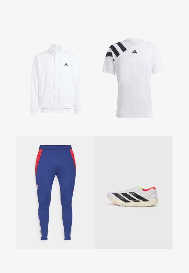 Hvid letvægtsjakke med en ståkrave, frontlynlås, sidelommer og et sort Adidas-logo på venstre bryst. Blød tekstur.; Hvid letvægts atletisk skjorte med sorte striber på venstre skulder og sort logo på brystet. Kortærmet, med rund halsudskæring.; Marineblå træningsbukser med røde sidelister, et logo på låret og hvide striber ved anklerne. Lavet af et strækbart, glat stof.; Hvid løbesko med sorte striber, neon grønne detaljer og en rød hæl. Har et let design og en struktureret sål for bedre greb.