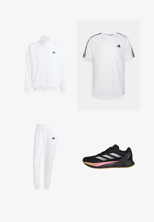 Bijela lagana jakna s visokim ovratnikom, prednjim zatvaračem, bočnim džepovima i crnim Adidas logom na lijevoj sisi. Mekana tekstura.; Bijela majica izrađena od pamuka, s okruglim izrezom, kratkim rukavima i crnim trostrukim detaljima na ramenima; sadrži mali crni logo.; Bijele atletske hlače od glatkog materijala, sa elastičnom vrpcom u struku i pripijenim manžetama, sa crnim logom na stražnjem džepu.; adidas Performance DURAMO SL M - Tenisice za cestovno trčanje - core black metalic spark