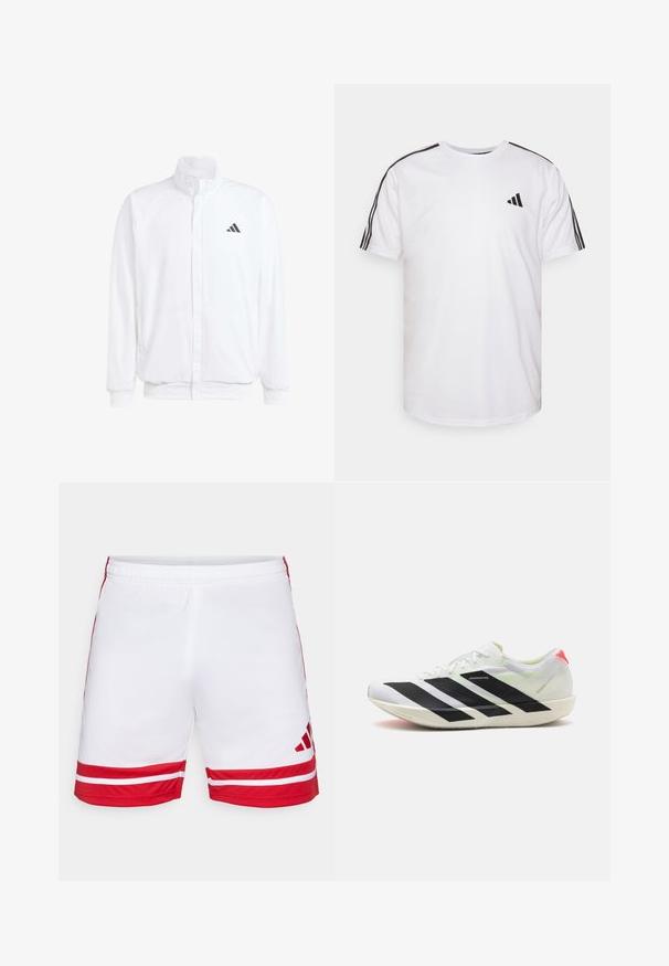 Valge kerge jakk, millel on seisev krae, ees lukuga kinnitus, küljetaskud ja must Adidas logo vasakul rinnal. Pehme tekstuur.; Valge puuvillane T-särk, millel on ümara kaeluse, lühikesed varrukad ja mustad kolmerealised aktsendid õlgadel; sisaldab väikest musta logo.; Valged spordilühikesed püksid punaste aktsentidega, mille alumises servas on kaks horisontaalset punast triipu, elastne vöökoht ja logo alumises paremas nurgas.; Valged sportlikud kingad mustade diagonaalsete triipudega, kerge võrgumaterjal, rohelised aktsendid ja punane kand; omavad sujuvat ja piklikku disaini.