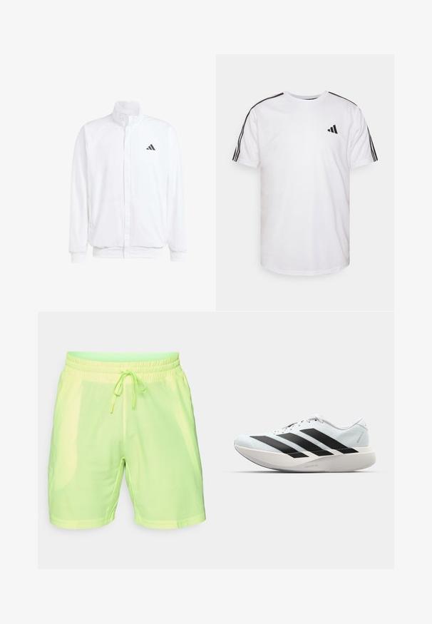 Balta lengva striukė su stovinčiu apykaklės, priekyje užtrauktuku, šoninėmis kišenėmis ir juodu Adidas logotipu kairėje krūtinės pusėje. Minkšta tekstūra.; Balta medvilninė marškinėliai su apvalia iškirpte, trumpomis rankovėmis ir juodomis trimis juostelėmis ant pečių; turi mažą juodą logotipą.; Limono žali sportiniai šortai, pagaminti iš lengvos, kvėpuojančios tinklinės medžiagos, su elastingu juosmeniu ir virvute. Yra tekstūruotas raštas.; Lengvi bėgimo batai šviesiai mėlynos spalvos su juodomis juostelėmis. Yra lygus viršus, apvalus pirštas ir storas baltas vidpadis su užrašu "LIGHTSTRIKE PRO."