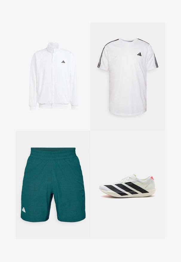 Biela ľahká bunda so stojáčikovým golierom, predným zipsom, bočnými vreckami a čiernym logom Adidas na ľavej hrudi. Mäkčená štruktúra.; Biela bavlnená tričko s okrúhlym výstrihom, krátkymi rukávmi a čiernymi trojpruhmi na pleciach; má malé čierne logo.; Tyrkysové športové šortky z ľahkého materiálu, s elastickým pásom, vzorovanou textúrou a malým bielym logom na ľavej strane.; Biele športové topánky s čiernymi diagonálnymi pruhmi, ľahký sieťovinový materiál, zelené akcenty a červený pätový diel; majú štíhly, predĺžený dizajn.