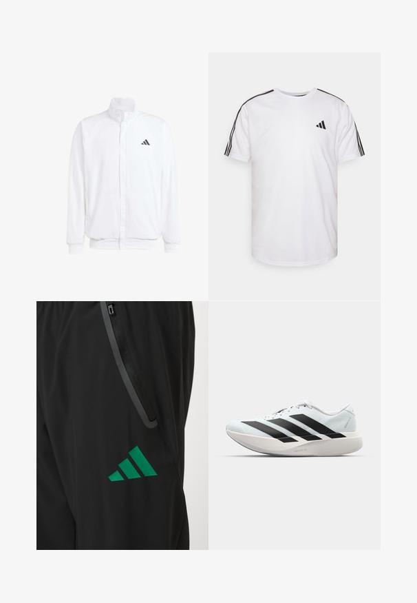 Witte lichtgewicht jas met een staande kraag, voorzijde met rits, zijzakken en een zwart Adidas-logo op de linkerborst. Zachte textuur.; Witte T-shirt van katoen met ronde hals, korte mouwen en zwarte drie-strepen accenten op de schouders; bevat een klein zwart logo.; Zwarte sportbroek van gladde stof, met een groen Adidas-logo en een ritszak met contrasterende bies.; Lichte hardloopschoenen in lichtblauw met zwarte strepen. Beschikt over een soepele bovenkant, ronde neusstuk en dikke witte tussenzool met het label "LIGHTSTRIKE PRO."