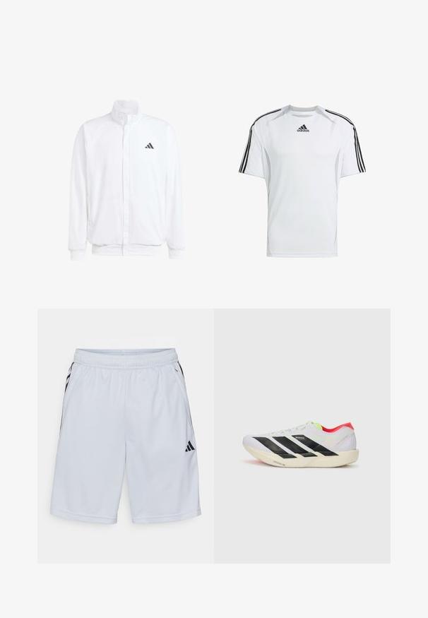 Balta lengva striukė su stovinčiu apykaklės, priekyje užtrauktuku, šoninėmis kišenėmis ir juodu Adidas logotipu kairėje krūtinės pusėje. Minkšta tekstūra.; Balta trumpa rankovėmis sportinė marškinė su juodais „Adidas“ trimis juostelėmis ant pečių, pagaminta iš lygaus, lengvo audinio.; adidas Performance Sportiniai šortai - halo silver-coloured/black; Baltos bėgimo bateliai su juodomis juostelėmis, neoninių žalių akcentų ir raudonu kulnu. Jie pasižymi lengvu dizainu ir tekstūruotu padu, kuris suteikia sukibimą.