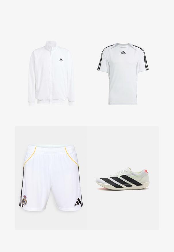 Valkoinen kevyt takki, jossa on pystysuora kaulus, etuvetoketju, sivutaskut ja musta Adidas-logo vasemmassa rinnassa. Pehmeä rakenne.; Valkoinen lyhythihainen urheilupaita, jossa on mustat Adidasin kolme raitaa olkapäillä, valmistettu sileästä ja kevyestä kankaasta.; Valkoiset urheilushortsit, joissa on mustat sivuraitat ja keltaiset yksityiskohdat, varustettu brodeeratulla symbolilla vasemmassa jalassa ja joustavalla vyötäröllä.; Valkoinen urheilukenkä, jossa on mustat vinoviivat, kevyestä verkkomateriaalista valmistettu, vihreät yksityiskohdat ja punainen kantapää; siinä on sulavalinjainen, pitkänomainen muotoilu.
