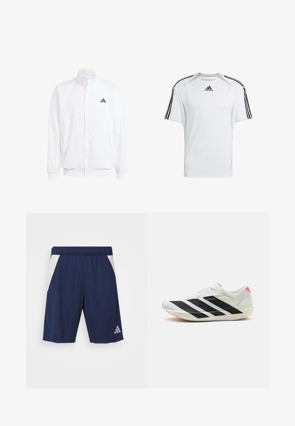 Bílá lehká bunda s stojatým límcem, předním zipem, bočními kapsami a černým logem Adidas na levé hrudi. Měkká textura.; Bílý krátký sportovní rukáv s černými akcenty tří pruhů Adidas na ramenou, vyrobený z hladké a lehké tkaniny.; Námořnické atlety šortky z hladkého materiálu. Obsahují bílé boční akcenty a elastický pas. Na levé nohavici je stříbrné logo.; Bílé sportovní boty s černými diagonálními pruhy, lehký síťovaný materiál, zelené akcenty a červená patní klapka; mají štíhlý, prodloužený design.
