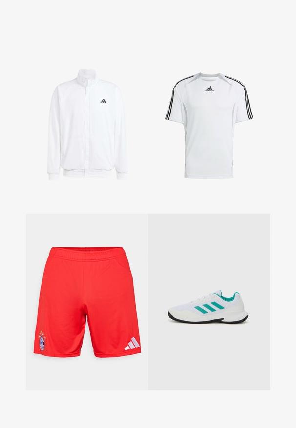 Weiße leichte Jacke mit Stehkragen, durchgehendem Reißverschluss, seitlichen Taschen und schwarzem Adidas-Logo auf der linken Brust. Weicher Stoff.; Weißes kurzärmliges Sportshirt mit schwarzen Adidas-Dreistreifenakzenten auf den Schultern, aus glattem, leichtem Stoff hergestellt.; Rote Sportshorts aus glattem Stoff mit einem gestickten Logo und fünf Sternen darüber sowie weißen Adidas-Streifen an der Seite.; Weißer Sportschuh mit türkisfarbenen Akzenten, Obermaterial aus Mesh, drei parallelen Streifen an der Seite, strukturiertem Fersenbereich und einer schwarzen Gummisohle.