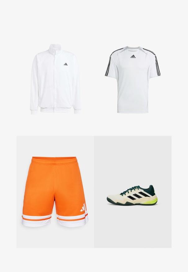 Witte lichtgewicht jas met een staande kraag, voorzijde met rits, zijzakken en een zwart Adidas-logo op de linkerborst. Zachte textuur.; Witte sportieve t-shirt met korte mouwen en zwarte Adidas drie-strepen accenten op de schouders, gemaakt van gladde, lichte stof.; Oranje sportieve shorts met een gladde textuur, elastische tailleband en witte strepen aan de onderkant. Drie-strepen logo in het wit aan de zijkant.; Tennisschoenen met een crèmekleurige bovenkant, zwarte strepen, groene accenten en een gestructureerde rubberen zool voor grip. Gemaakt van synthetische materialen.