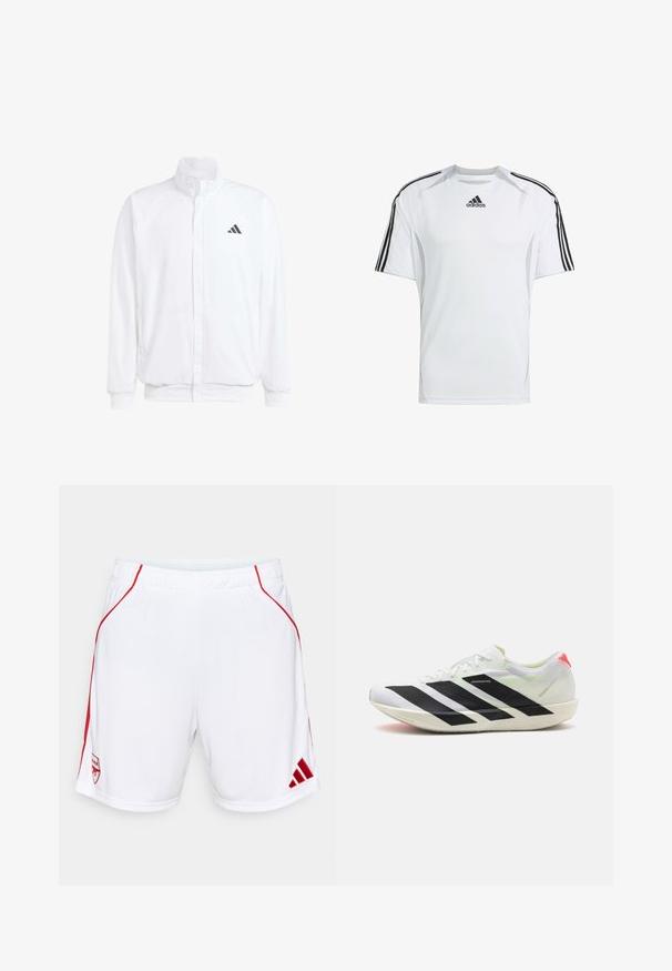 Biała lekka kurtka z podwyższonym kołnierzem, przednim zamkiem błyskawicznym, bocznymi kieszeniami oraz czarnym logo Adidas na lewej piersi. Miękka tekstura.; Biała koszulka sportowa z krótkim rękawem z czarnymi akcentami trzech pasków Adidas na ramionach, wykonana z gładkiego, lekkiego materiału.; Białe szorty sportowe z czerwonymi akcentami po bokach, elastyczny pas, z haftowanym logo drużyny i logo Adidas na dolnym końcu.; Białe sportowe buty z czarnymi ukośnymi paskami, lekkiego materiału siatkowego, zielonymi akcentami i czerwonym uchwytem na pięcie; charakteryzują się smukłym, wydłużonym kształtem.