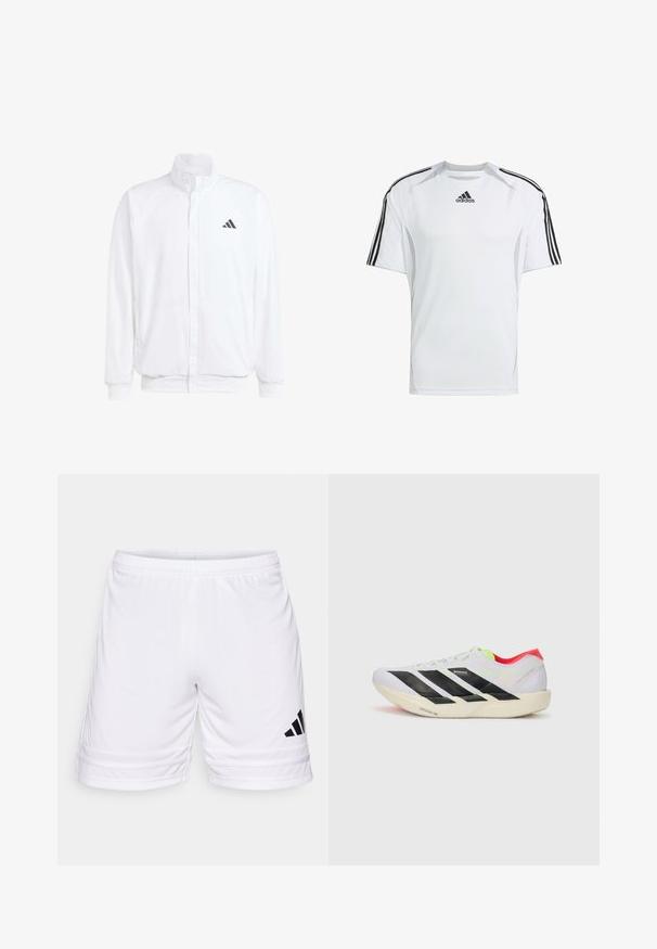 Balta lengva striukė su stovinčiu apykaklės, priekyje užtrauktuku, šoninėmis kišenėmis ir juodu Adidas logotipu kairėje krūtinės pusėje. Minkšta tekstūra.; Balta trumpa rankovėmis sportinė marškinė su juodais „Adidas“ trimis juostelėmis ant pečių, pagaminta iš lygaus, lengvo audinio.; Balti sportiniai šortai su elastinga juosta, su juoda trimis juostomis logotipu ir tekstūruotu audiniu, sukirpti vos virš kelių.; Baltos bėgimo bateliai su juodomis juostelėmis, neoninių žalių akcentų ir raudonu kulnu. Jie pasižymi lengvu dizainu ir tekstūruotu padu, kuris suteikia sukibimą.