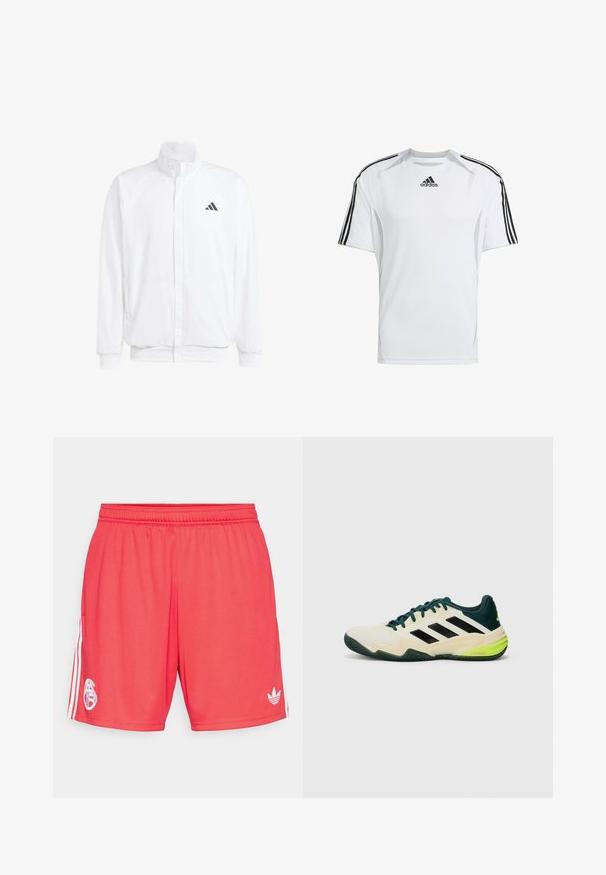 Biała lekka kurtka z podwyższonym kołnierzem, przednim zamkiem błyskawicznym, bocznymi kieszeniami oraz czarnym logo Adidas na lewej piersi. Miękka tekstura.; Biała koszulka sportowa z krótkim rękawem z czarnymi akcentami trzech pasków Adidas na ramionach, wykonana z gładkiego, lekkiego materiału.; Czerwone spodenki sportowe z lekkiego materiału, z białym logo na lewej nodze i trzema białymi paskami po bokach.; Buty tenisowe z kremowym wierzchem, czarnymi paskami, zielonymi akcentami oraz teksturowaną gumową podeszwą dla lepszej przyczepności. Wykonane z materiałów syntetycznych.