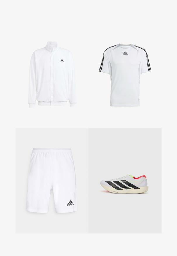Valge kerge jakk, millel on seisev krae, ees lukuga kinnitus, küljetaskud ja must Adidas logo vasakul rinnal. Pehme tekstuur.; Valge lühikeste varrukatega spordipaita, millel on mustad Adidas kolm rada õlgadel, valmistatud siledast ja kergest kangast.; Valged spordilühikesed, mis on valmistatud kergest kangast, elastse vöökoha ja musta Adidas logo abil vasakul jalal.; Valge jooksuking mustade triipudega, ere roheline aksessuaar ja punane konts. Omab kerget disaini ja tekstureeritud talla, mis tagab haarde.