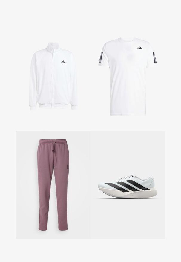 Weiße leichte Jacke mit Stehkragen, durchgehendem Reißverschluss, seitlichen Taschen und schwarzem Adidas-Logo auf der linken Brust. Weicher Stoff.; Weißes T-Shirt aus Stoff mit kurzen Ärmeln, Rundhalsausschnitt und drei schwarzen diagonalen Streifen an jedem Ärmel. Dezentes Logo auf der Brust.; adidas Performance REAL MADRID SZN PANT - Vereinsmannschaften - shadow fig; Leichte Laufschuhe in hellblau mit schwarzen Streifen. Sie verfügen über ein glattes Obermaterial, eine runde Zehenpartie und eine dicke weiße Zwischensohle, die mit "LIGHTSTRIKE PRO" beschriftet ist.