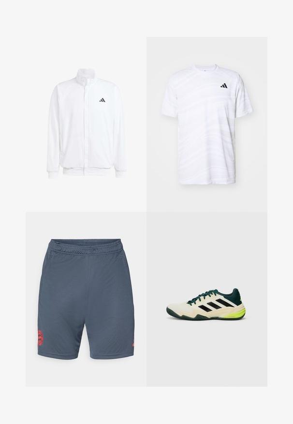 Witte lichtgewicht jas met een staande kraag, voorzijde met rits, zijzakken en een zwart Adidas-logo op de linkerborst. Zachte textuur.; Witte sportt-shirt met een subtiel golvenpatroon, ronde hals, korte mouwen en een zwart logo met drie strepen op de linkerbovenborst.; Grijze voetbalshorts met elastische tailleband, voorzien van een rood geborduurd Bayern München-logo op de linkeronderzijde. Glad, lichtgewicht stof.; Tennisschoenen met een crèmekleurige bovenkant, zwarte strepen, groene accenten en een gestructureerde rubberen zool voor grip. Gemaakt van synthetische materialen.