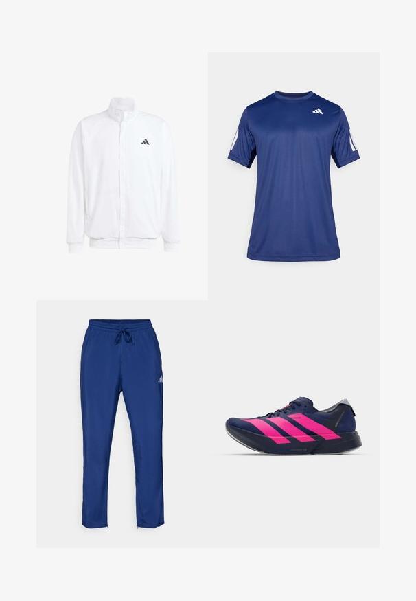 Biała lekka kurtka z podwyższonym kołnierzem, przednim zamkiem błyskawicznym, bocznymi kieszeniami oraz czarnym logo Adidas na lewej piersi. Miękka tekstura.; Granatowa koszulka sportowa z krótkim rękawem, wykonana z gładkiego materiału, z okrągłym dekoltem i białym logo na lewej górnej stronie klatki piersiowej.; Granatowe spodnie sportowe z elastycznym pasem i sznurkiem do regulacji. Posiadają subtelne logo z boku oraz zamki przy kostkach.; adidas Performance ADIZERO ADIOS PRO 4 granatowy