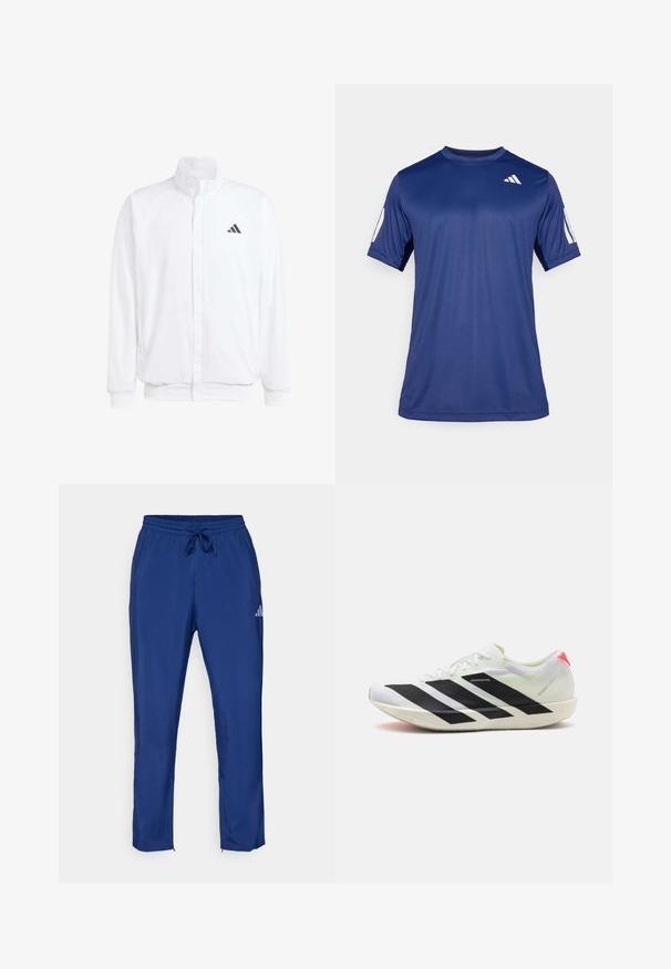 Veste légère blanche avec col montant, fermeture éclair sur le devant, poches latérales, et un logo Adidas noir sur la poitrine gauche. Texture douce.; T-shirt de sport à manches courtes bleu marine en tissu lisse, avec un col rond et un détail de logo blanc sur le haut à gauche de la poitrine.; Pantalons de sport bleu marine avec taille élastique et cordon de serrage. Présente un logo discret sur le côté et des ouvertures zippées aux chevilles.; Chaussure de sport blanche avec des rayures diagonales noires, en matière en maille légère, accents verts et contrefort rouge ; présente un design élégant et allongé.