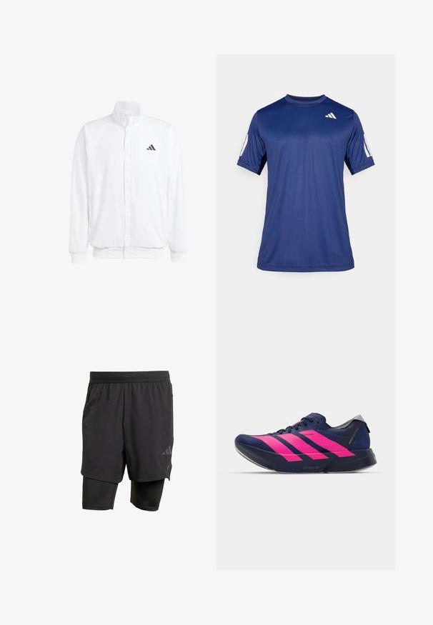 Fehér, könnyű dzseki, álló gallérral, elülső cipzáros záródással, oldalsó zsebekkel és fekete Adidas logóval a bal mellen. Puha tapintású.; Tengerészkék, rövid ujjú, sportos póló sima anyagból, kerek nyakkivágással, a bal felső mellrészen fehér logó részlettel.; Fekete sportnadrág beépített belső résszel, lélegző anyagból készült. Diszkrét logóval és struktúrált textúrával rendelkezik. Állítható derékpánt.; adidas Performance ADIZERO ADIOS PRO 4 - Utcai futócipők - dark blue/shock pink/dash grey