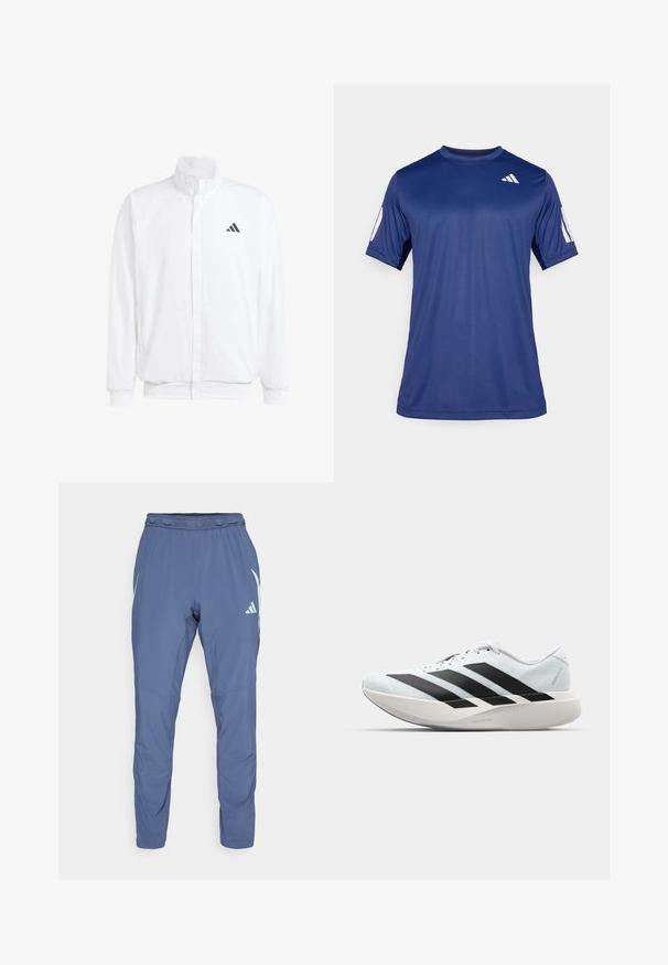 Vit lättviktsjacka med ståkrage, framdragkedja, sidofickor och en svart Adidas-logotyp på vänster bröst. Mjuk textur.; Marinblåt kortärmad träningsskjorta i ett mjukt tyg, med rund halsringning och en vit logotypdetalj på övre vänstra bröstet.; Marinblå träningsbyxor i lätt material, med ett elastiskt midjeband, tapered bendesign och en vit logotyp på sidan.; Lätta löparskor i ljusblått med svarta ränder. Har en slät ovandel, rund tå och tjock vit mellansula märkt "LIGHTSTRIKE PRO."