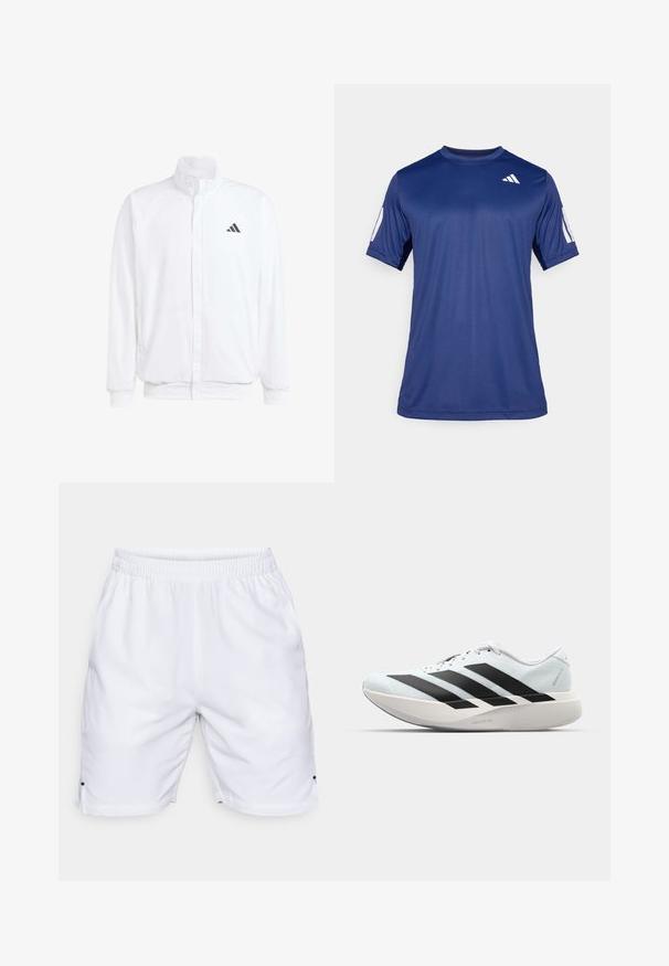 Biała lekka kurtka z podwyższonym kołnierzem, przednim zamkiem błyskawicznym, bocznymi kieszeniami oraz czarnym logo Adidas na lewej piersi. Miękka tekstura.; Granatowa koszulka sportowa z krótkim rękawem, wykonana z gładkiego materiału, z okrągłym dekoltem i białym logo na lewej górnej stronie klatki piersiowej.; Białe sportowe szorty wykonane z lekkiego materiału. Posiadają elastyczny pas i małe boczne wentylacje na dole. Bez widocznych wzorów ani akcentów.; Lekkie buty do biegania w jasnoniebieskim kolorze z czarnymi pasami. Posiadają gładką cholewkę, okrągły nosek oraz grubą białą podeszwę środkową oznaczoną "LIGHTSTRIKE PRO."
