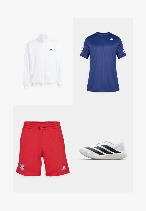 Bela lahka jakna s stojčnim ovratnikom, sprednjim zadrgo, stranskimi žepi in črnimi Adidasovimi logotipi na levem prsnem delu. Mehak material.; Mornarsko modra kratka športna majica iz gladkega materiala, s krožnim ovratnikom in belim logotipom na zgornjem levem prsnem delu.; Rdeče športne kratke hlače iz mehkega, zračnega materiala. Imajo elastik v pasu z vrvico, logotip FC Bayern München in blagovno znamko Adidas.; Lahki tekaški čevlji v svetlo modri barvi z belimi črtami. Imajo gladek zgornji del, okroglo kapico in debel bel srednji podplat z označbo "LIGHTSTRIKE PRO."