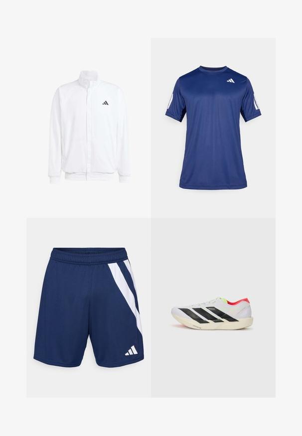 Biela ľahká bunda so stojáčikovým golierom, predným zipsom, bočnými vreckami a čiernym logom Adidas na ľavej hrudi. Mäkčená štruktúra.; Námornícky modrá športová košeľa s krátkym rukávom vyrobená z hladkej tkaniny, s okrúhlym výstrihom a bielym logom umiestneným na hornej ľavej strane hrude.; Námornícky modré športové šortky s bielym diagonálnym prúžkom. Vyrobené z ľahkej tkaniny, s elastickým pásom a detailom loga.; Biele behacie topánky s čiernymi pruhmi, neonovo zelenými akcentmi a červeným podpätkom. Majú ľahkú konštrukciu a textúrovanú podrážku pre lepšiu trakciu.