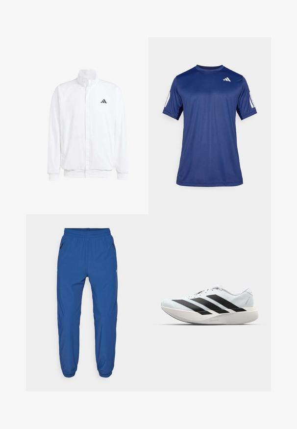 Casaco leve branco com colarinho alto, fecho frontal com zipper, bolsos laterais e um logótipo preto da Adidas no peito esquerdo. Textura suave.; Camisola atlética de manga curta azul marinho, feita de tecido suave, com decote redondo e um detalhe do logótipo branco na parte superior esquerda do peito.; Calças atléticas azuis feitas de um tecido suave, com um cós elástico, bolsos laterais com zíper e pernas ajustadas com punhos elásticos.; Tênis de corrida leves em azul pálido com riscas pretas. Apresentam um cabedal liso, bico redondo e uma entressola espessa branca rotulada como "LIGHTSTRIKE PRO."