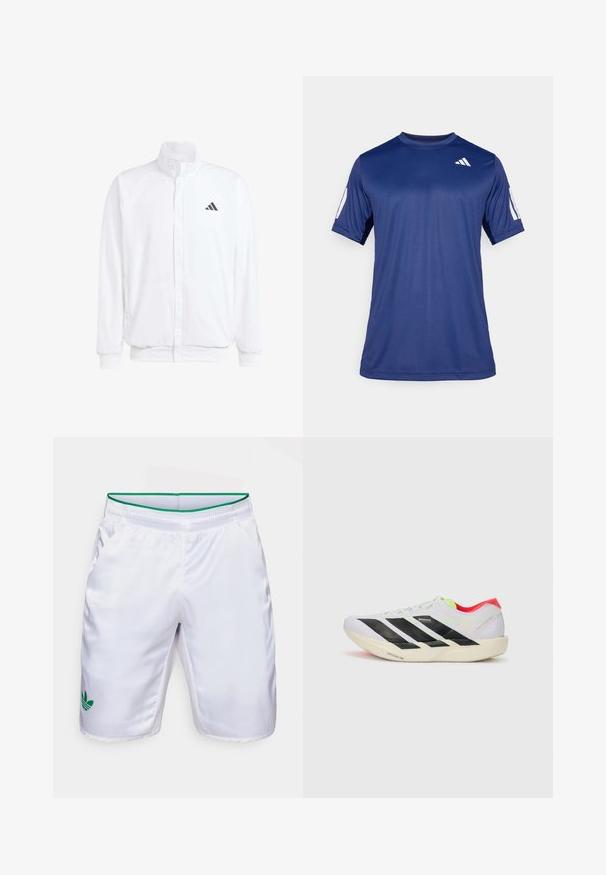 Valkoinen kevyt takki, jossa on pystysuora kaulus, etuvetoketju, sivutaskut ja musta Adidas-logo vasemmassa rinnassa. Pehmeä rakenne.; T-paita tummansinisestä lyhythihaisesta urheiluvaatetuksesta, joka on valmistettu sileästä kankaasta. Paitassa on pyöreä pääntie ja valkoinen logo vasemmassa rintakehässä.; Valkoiset urheilushortsit, joissa on vihreä vyötärö ja vihreä Adidasin kolmilehtilogo. Valmistettu sileästä, kevyestä kankaasta, jossa on sivutaskut.; Valkoinen juoksukenkä, jossa on mustat raidat, neonvihreät yksityiskohdat ja punainen kanta. Ominaisuuksiin kuuluu kevyt muotoilu ja teksturoitu pohja pidon takaamiseksi.