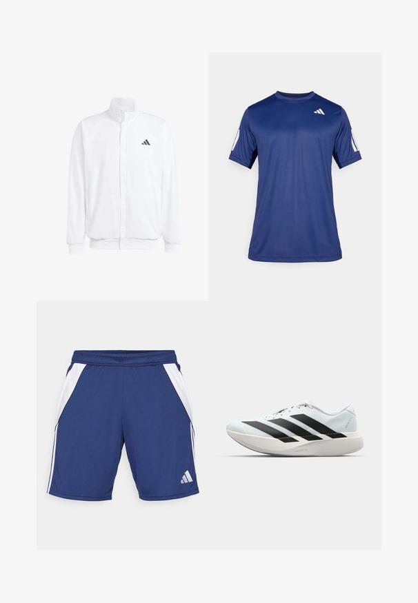 Bela lahka jakna s stojčnim ovratnikom, sprednjim zadrgo, stranskimi žepi in črnimi Adidasovimi logotipi na levem prsnem delu. Mehak material.; Mornarsko modra kratka športna majica iz gladkega materiala, s krožnim ovratnikom in belim logotipom na zgornjem levem prsnem delu.; Morske atletske kratke hlače z belimi stranskimi paneli, elastičnim pasom in logotipom na spodnjem robu. Narejene iz lahke, zračne tkanine.; Lahki tekaški čevlji v svetlo modri barvi z belimi črtami. Imajo gladek zgornji del, okroglo kapico in debel bel srednji podplat z označbo "LIGHTSTRIKE PRO."