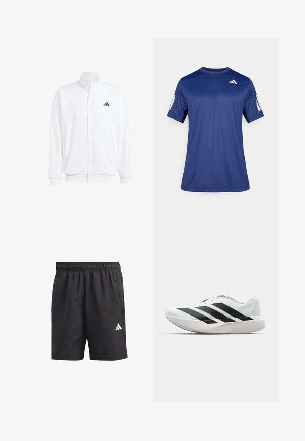 Hvid letvægtsjakke med en ståkrave, frontlynlås, sidelommer og et sort Adidas-logo på venstre bryst. Blød tekstur.; Marineblå kortærmet træningsskjorte lavet af glat stof, med rund hals og en hvid logo detalje på øverste venstre bryst.; Sorte træningsshorts med elastisk talje, sidelommer med lynlås, og et hvidt logo på venstre ben. Letvægts, glat tekstur.; Letvægtige løbesko i lys blå med sorte striber. Har en glat overdel, rund tå og tyk hvid mellemsål mærket "LIGHTSTRIKE PRO."