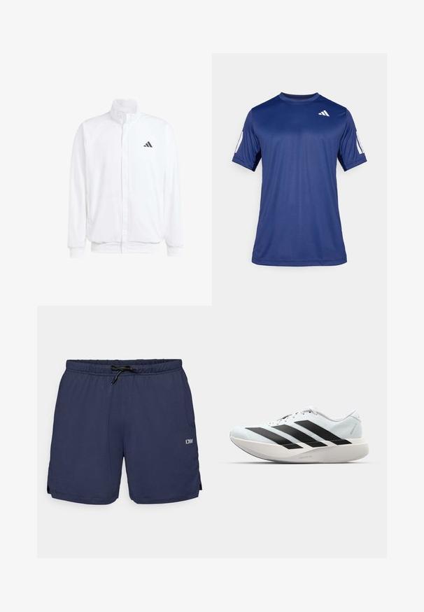 Casaco leve branco com colarinho alto, fecho frontal com zipper, bolsos laterais e um logótipo preto da Adidas no peito esquerdo. Textura suave.; Camisola atlética de manga curta azul marinho, feita de tecido suave, com decote redondo e um detalhe do logótipo branco na parte superior esquerda do peito.; Calções de banho azul marinho com um padrão texturizado, cintura elástica e cordão ajustável. Apresenta aberturas laterais para maior mobilidade e um detalhe de logótipo.; Tênis de corrida leves em azul pálido com riscas pretas. Apresentam um cabedal liso, bico redondo e uma entressola espessa branca rotulada como "LIGHTSTRIKE PRO."