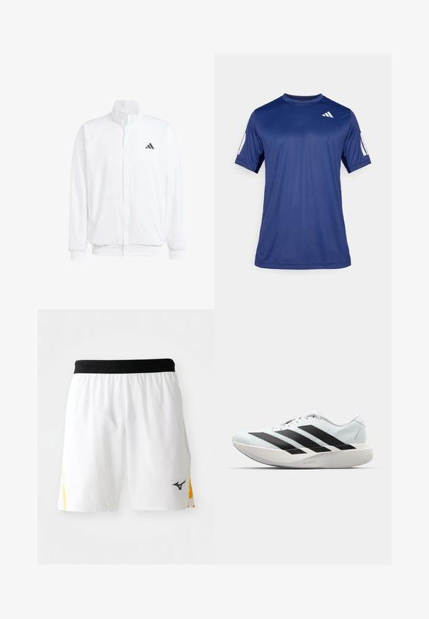 Vit lättviktsjacka med ståkrage, framdragkedja, sidofickor och en svart Adidas-logotyp på vänster bröst. Mjuk textur.; Marinblåt kortärmad träningsskjorta i ett mjukt tyg, med rund halsringning och en vit logotypdetalj på övre vänstra bröstet.; Vita atletiska shorts med svart elastisk midja och gula sidodetaljer, med en liten svart sportvarumärkeslogotyp på höger ben.; Lätta löparskor i ljusblått med svarta ränder. Har en slät ovandel, rund tå och tjock vit mellansula märkt "LIGHTSTRIKE PRO."