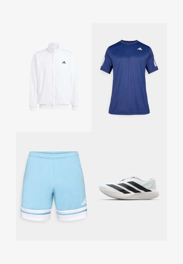 Biela ľahká bunda so stojáčikovým golierom, predným zipsom, bočnými vreckami a čiernym logom Adidas na ľavej hrudi. Mäkčená štruktúra.; Námornícky modrá športová košeľa s krátkym rukávom vyrobená z hladkej tkaniny, s okrúhlym výstrihom a bielym logom umiestneným na hornej ľavej strane hrude.; Svetlomodré športové šortky s elastickým pásom, so bielymi pruhmi a akcentmi. Logo Adidas v bielej farbe na ľavej strane.; Ľahké bežecké topánky v svetlomodrej farbe s čiernymi pruhmi. Majú hladký zvršok, okrúle špičky a hrubú bielu medzipodrážku označenú "LIGHTSTRIKE PRO."