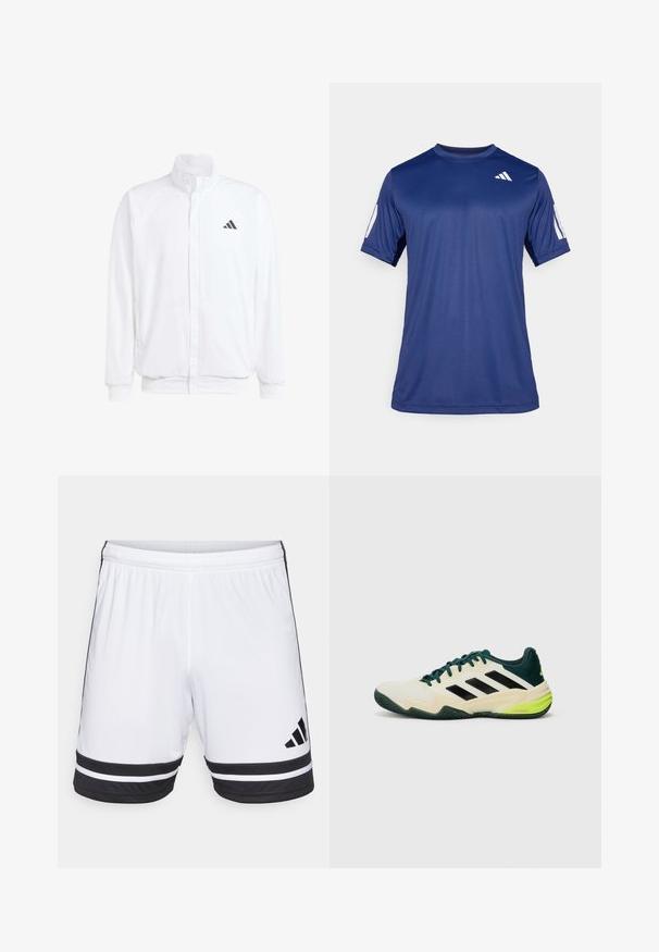 Valkoinen kevyt takki, jossa on pystysuora kaulus, etuvetoketju, sivutaskut ja musta Adidas-logo vasemmassa rinnassa. Pehmeä rakenne.; T-paita tummansinisestä lyhythihaisesta urheiluvaatetuksesta, joka on valmistettu sileästä kankaasta. Paitassa on pyöreä pääntie ja valkoinen logo vasemmassa rintakehässä.; Valkoiset urheilushortsit, joissa on mustat vaakasuorat raidat helman kohdalla ja musta Adidas-logo. Joustopaita säädettävää istuvuutta varten.; Tennarit, joissa on kerma vaalea yläosa, mustat raidat, vihreät yksityiskohdat ja teksturoitu kumipohja pitävyyttä varten. Valmistettu synteettisistä materiaaleista.