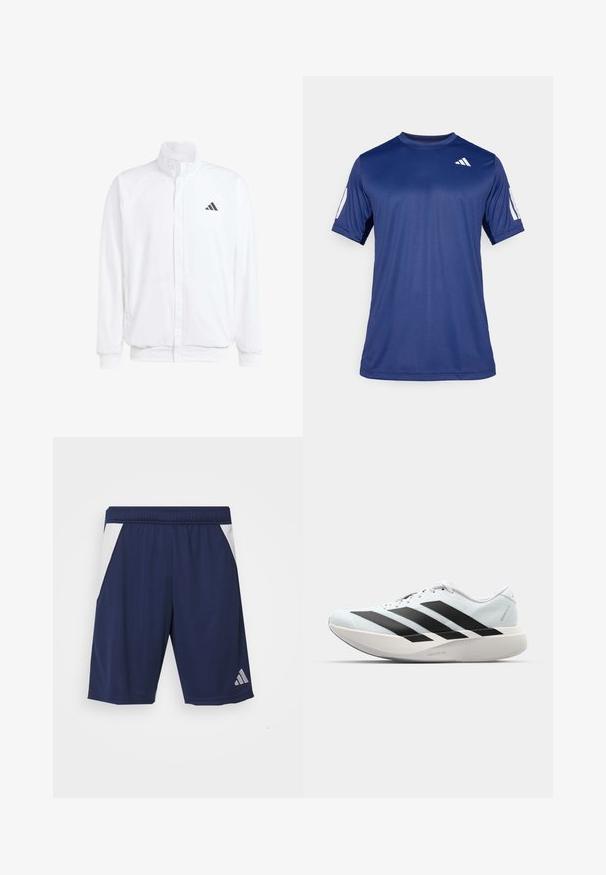 Witte lichtgewicht jas met een staande kraag, voorzijde met rits, zijzakken en een zwart Adidas-logo op de linkerborst. Zachte textuur.; Navyblauw sportshirt met korte mouwen, gemaakt van een gladde stof, met een ronde hals en een wit logodetail op de bovenste linkerborst.; Marine blauwe sportshorts van gladde stof. Heeft witte zijaccenten en een elastische tailleband. Inclusief een zilveren logo op het linkerpant.; Lichte hardloopschoenen in lichtblauw met zwarte strepen. Beschikt over een soepele bovenkant, ronde neusstuk en dikke witte tussenzool met het label "LIGHTSTRIKE PRO."