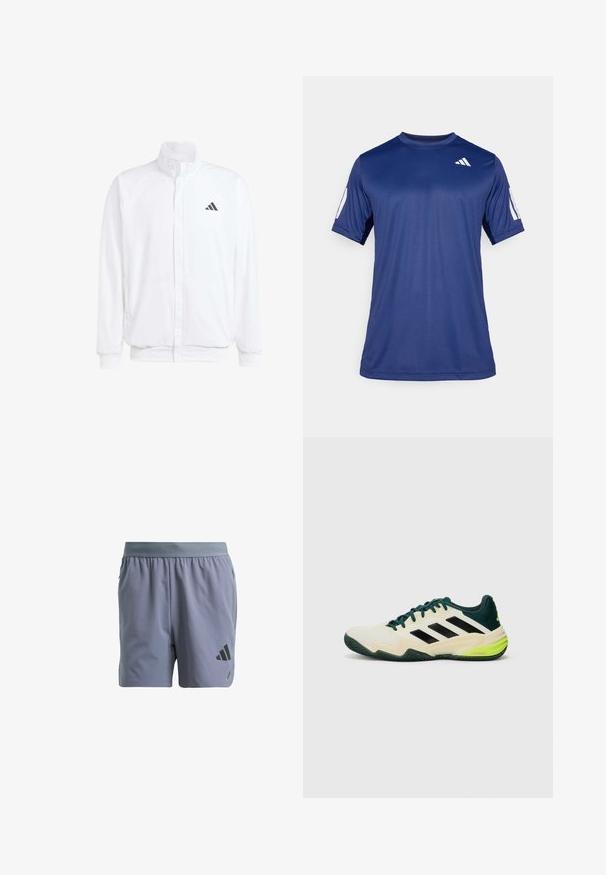 Vit lättviktsjacka med ståkrage, framdragkedja, sidofickor och en svart Adidas-logotyp på vänster bröst. Mjuk textur.; Marinblåt kortärmad träningsskjorta i ett mjukt tyg, med rund halsringning och en vit logotypdetalj på övre vänstra bröstet.; Grå idrottsshorts med resårmidja, texturerat tyg, sidofickor och en svart logotyp på nedre vänstra benet.; Tennisskor med en krämfärgad ovandel, svarta ränder, gröna detaljer och en texturerad gummisula för bättre grepp. Tillverkade av syntetiska material.