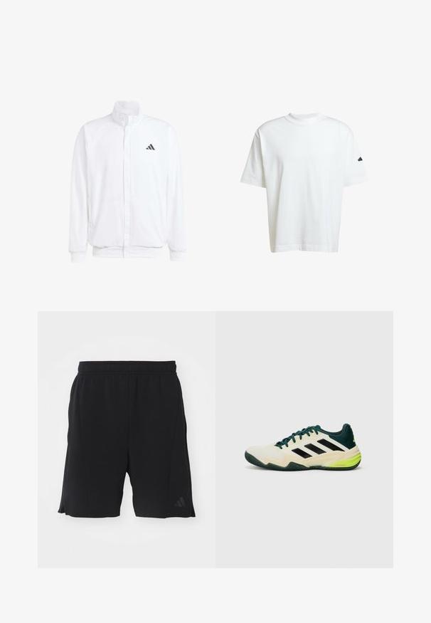 Biela ľahká bunda so stojáčikovým golierom, predným zipsom, bočnými vreckami a čiernym logom Adidas na ľavej hrudi. Mäkčená štruktúra.; Biely tričko s krátkymi rukávmi vyrobené z bavlny, s okrúhlym výstrihom a čiernym logom na ľavom ramene.; Čierne športové šortky vyrobené z ľahkej látky s elastickým pásom. Obsahujú bočné rozparky a nenápadné logo na ľavej nohe.; Tenisové topánky s krémovým zvrškom, čiernymi pruhmi, zelenými akcentmi a textúrovanou gumovou podrážkou pre lepšiu priľnavosť. Vyrobené z syntetických materiálov.