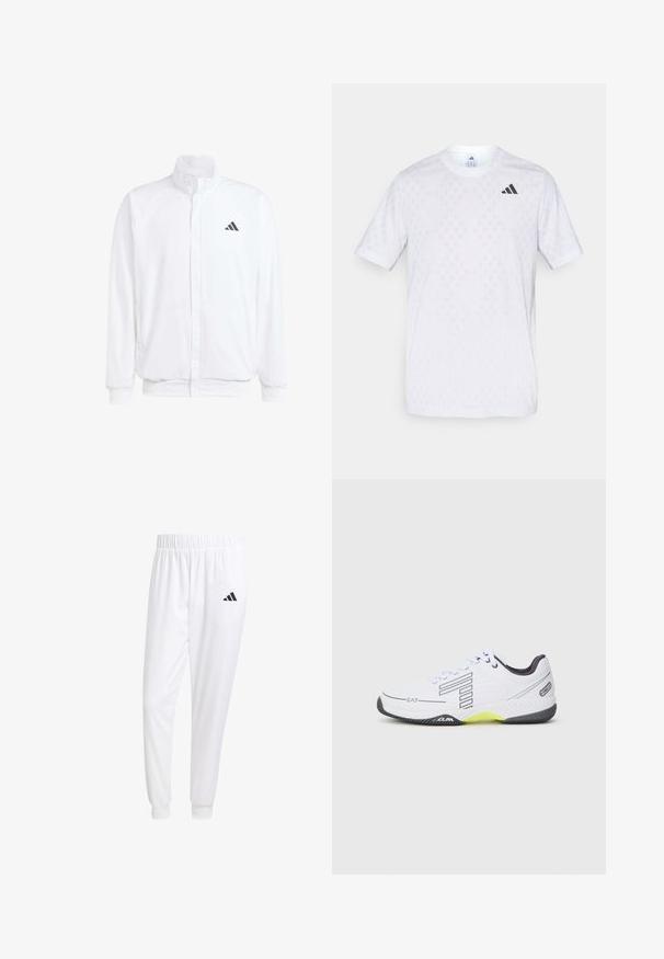 Bijela lagana jakna s visokim ovratnikom, prednjim zatvaračem, bočnim džepovima i crnim Adidas logom na lijevoj sisi. Mekana tekstura.; Bijela kratkotrajna majica s kratkim rukavima koja se ističe suptilnim dijamantnim uzorkom, napravljena od lagane tkanine, s crnim adidas logom na prsima.; Bijele atletske hlače od glatkog materijala, sa elastičnom vrpcom u struku i pripijenim manžetama, sa crnim logom na stražnjem džepu.; Bjela atletska cipela s crnim akcentima i sivoj detaljima. Ima teksturiranu gornju stranu, vezice i sjajni žuti segment na potplatu.