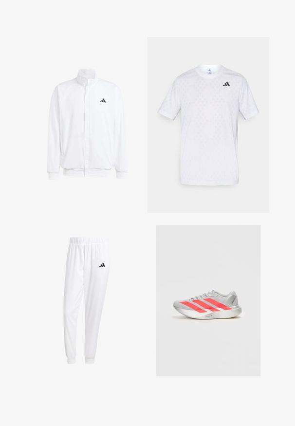 Witte lichtgewicht jas met een staande kraag, voorzijde met rits, zijzakken en een zwart Adidas-logo op de linkerborst. Zachte textuur.; Witte t-shirt met korte mouwen, voorzien van een subtiel ruitpatroon, gemaakt van lichte stof, met een zwart adidas-logo op de borst.; Witte sportbroek van gladde stof, met een elastische tailleband en smalle taillebanden, voorzien van een zwart logo op de achterzak.; Lichte hardloopschoen in grijs met rode accenten en een ontwerp met drie strepen. Bevat een glad bovenwerk, een ronde neus en een gestructureerde zool.