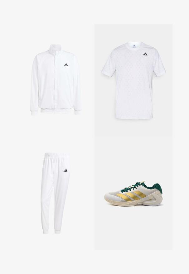 Bijela lagana jakna s visokim ovratnikom, prednjim zatvaračem, bočnim džepovima i crnim Adidas logom na lijevoj sisi. Mekana tekstura.; Bijela kratkotrajna majica s kratkim rukavima koja se ističe suptilnim dijamantnim uzorkom, napravljena od lagane tkanine, s crnim adidas logom na prsima.; Bijele atletske hlače od glatkog materijala, sa elastičnom vrpcom u struku i pripijenim manžetama, sa crnim logom na stražnjem džepu.; Cipele s bijelom mrežastom gornjom dijelu s zlatnim prugama, zelenim naglascima na vezicama i peti te podstavljenim potplatom za potporu.