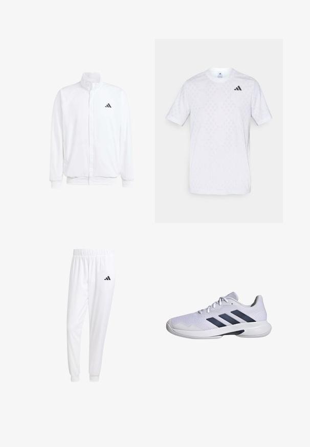 Hvid letvægtsjakke med en ståkrave, frontlynlås, sidelommer og et sort Adidas-logo på venstre bryst. Blød tekstur.; Hvid kortærmet t-shirt med et diskret diamantmønster, lavet af letvægtsstof, med et sort adidas-logo på brystet.; Hvide sportsbukser lavet af glat stof, med elastisk talje og tætsiddende manchetter, og med et sort logo på baglommen.; Hvid sportssko med åndbart mesh-overdel, marineblå tre-stribe design, tekstureret sål og en rund tå for ekstra stabilitet.