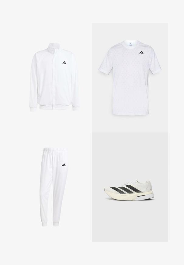 White lightweight jacket featuring a stand collar, front zipper closure, side pockets, and a black Adidas logo on the left chest. Soft texture.; White short-sleeve t-shirt featuring a subtle diamond pattern, made from lightweight fabric, with a black adidas logo on the chest.; White athletic pants made of smooth fabric, featuring an elastic waistband and fitted cuffs, with a black logo on the back pocket.; White athletic shoe with black stripes, lightweight mesh upper, rounded toe, and a cushioned sole labeled "Lightstrike Pro."