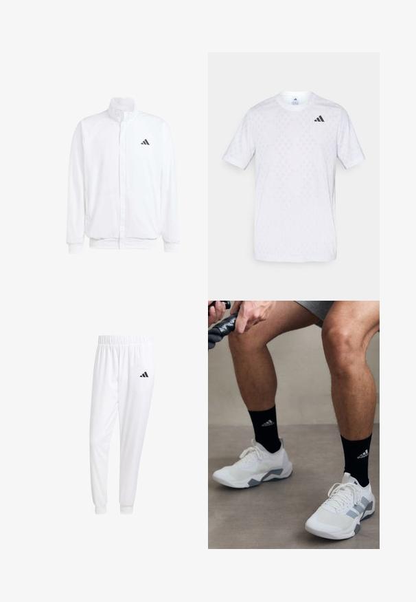 Witte lichtgewicht jas met een staande kraag, voorzijde met rits, zijzakken en een zwart Adidas-logo op de linkerborst. Zachte textuur.; Witte t-shirt met korte mouwen, voorzien van een subtiel ruitpatroon, gemaakt van lichte stof, met een zwart adidas-logo op de borst.; Witte sportbroek van gladde stof, met een elastische tailleband en smalle taillebanden, voorzien van een zwart logo op de achterzak.; Witte sportieve schoenen met grijze accenten, een textuurmateriaal en een vetersluiting. Draagt een paar zwarte sokken met een logo.