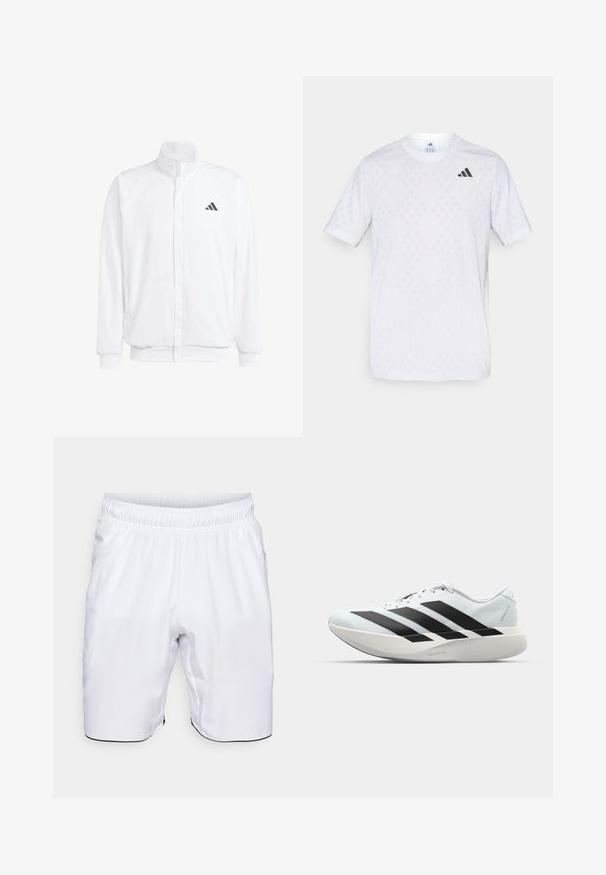 Balts viegls jaciņš ar stāvo apkakli, priekšējo rāvējslēdzēju, sānu kabatām un melnu Adidas logo kreisajā krūtī. Mīksta tekstūra.; Balta īsām piedurknēm T-kreklā ar vieglu dimanta rakstu, izgatavota no viegla auduma, ar melnu adidas logo uz krūts.; Baltas sporta šorts, kas izgatavoti no viegla auduma. Funkcijas elastīgs jostasvieta un sānu kabatas, ar kontrastējošu melnu apdari apakšmalā.; Gaiši zili vieglie skriešanas apavi ar melniem svītrainiem. Iezīmēti ar gludu augšpusi, apaļu purngalu un biezāko balto vidējo zoli, kurā ir uzraksts "LIGHTSTRIKE PRO."
