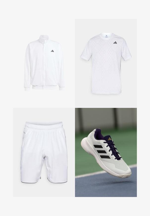 Balta lengva striukė su stovinčiu apykaklės, priekyje užtrauktuku, šoninėmis kišenėmis ir juodu Adidas logotipu kairėje krūtinės pusėje. Minkšta tekstūra.; Balti trumpa rankovė t-shirto viršutinė dalis su subtiliu deimantų raštu, pagaminta iš lengvo audinio, su juodu adidas logotipu ant krūtinės.; Balti sportiniai šortai, pagaminti iš lengvos medžiagos. Yra elastinga juosmens juosta ir šoninės kišenės, o apatinė krašto dalis puošia kontrastuojanti juoda apdaila.; Balti sportiniai batai su violetiniais akcentais ir juodomis juostelėmis. Ypatybė – tekstūruotas viršus ir guminiu padu su raštuotu protektoriumi geresniam sukibimui.